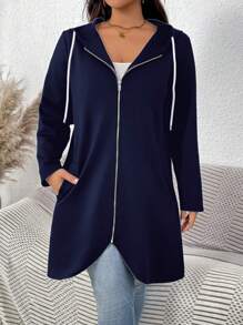 SHEIN LUNE Sudadera negra con capucha LUNE para mujer talla grande, ropa de otoño, ropa de maestra, ropa de regreso a la escuela, unicolor, simple, de manga larga, abrigo para uso diario - Azul Marino - Ver 4