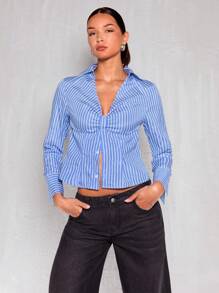 Glamine Striped Blouse With Pleated Detail, Office Siren Urban Style Long Sleeve Casual Shirt For Women Fall Cloth For Women - Multicolor - View 3