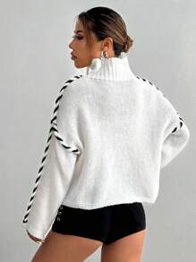 Flirla Women's Contrast Color Crew Neck Casual Long Sleeve White Sweater