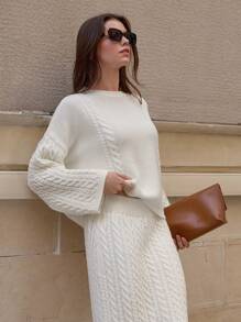 SHEIN Cottnline Korean Style Vintage Soft White Ribbed Knitted Sweater & Skirt 2-Piece Set For Women - White - View 4