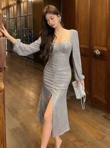 DAZY Women Square Neckline Sequin Side Slit Long Sleeve Midi Dress, Birthday ,New Year Eve Prom Dress