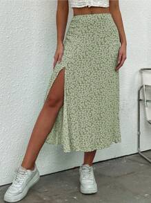 Chiquease 碎花高开衩休闲裙 - 薄荷綠 - 查看 1