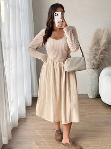 SHEIN Frenchy Plus Size Casual U-Neck Long Sleeve Ribbed Velvet Patchwork A-Line Midi Dress - Apricot - View 5