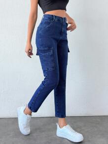 Cottnline Quần denim thường ngày nhiều túi cài nút phía trước 97% cotton, mặc hàng ngày - Rửa tối - Xem 4