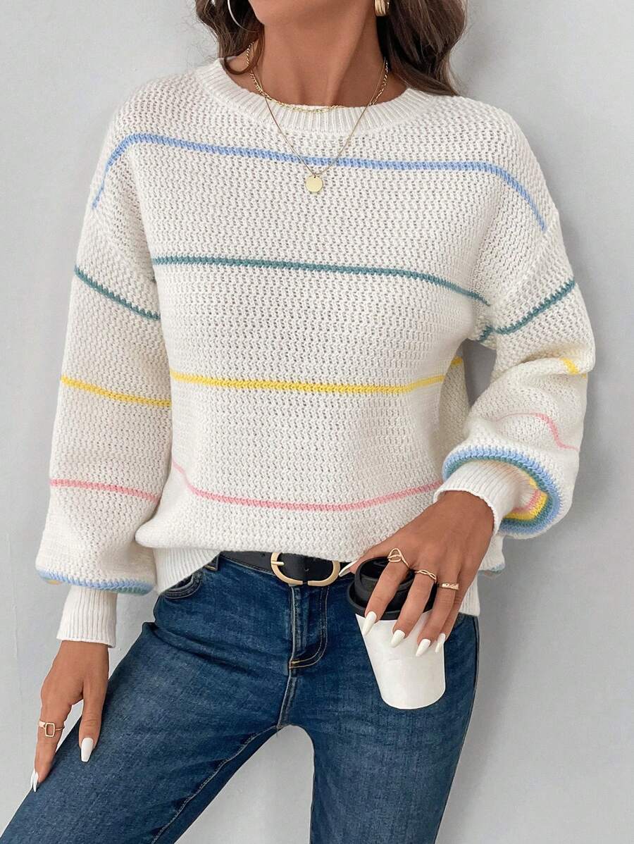 SHEIN LUNE Áo len sọc ngang cổ tròn tương phản bó sát LUNE dành cho nữ dành cho mùa thu đông - trắng - Xem 1