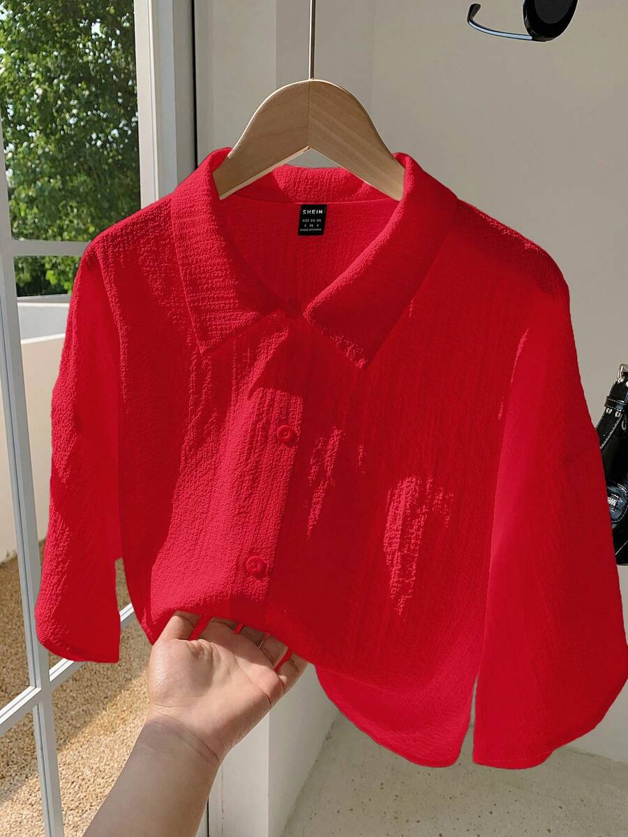 Comfortcana 女士夏季休闲纹理红色编织短款衬衫 - 紅色 - 查看 1