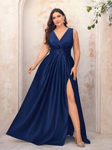 SHEIN Belle Plus Size Vintage Deep V-Neck Overlap Simple Belt Pleated High Slit A-Line Hem Simple Elegant Formal Evening Gown, Prom Dress, For Wedding Guest, Graduation, Dinner, Party Dress