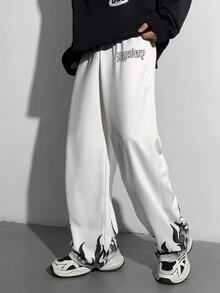 SHEIN 青少年男孩休闲火焰与英文图案印花白色锥形运动裤，适合秋季、冬季、保暖、学院、休闲、运动装、生日派对、郊游、百搭、简约、保暖内衬 - 白色 - 查看 6