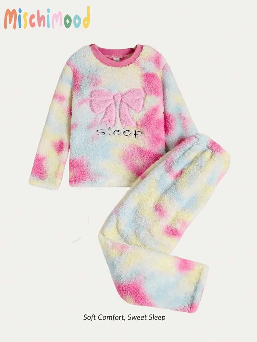 Bộ đồ ngủ vải nỉ 2 món cho bé gái có họa tiết nhuộm loang, nơ thêu và tay dài, bộ đồ ngủ mùa đông thoải mái - Nhiều màu - Xem 1