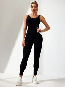SHEIN With My Calm Solid Color Backless Round Neck Sleeveless Jumpsuit Full