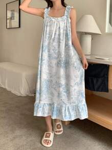 DAZY Landscape Sketch Pattern Ruffle Hem Cami Nightgown - Blue - View 5