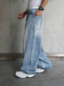 Manfinity Hypemode Jeans décontractés en denim lavé ample pour hommes, jeans bleus amples lavés unis. Idéal pour le mari, cadeau pour le petit ami
