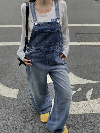 DAZY 女式纯色休闲无袖牛仔连体裤，带口袋，工装裤