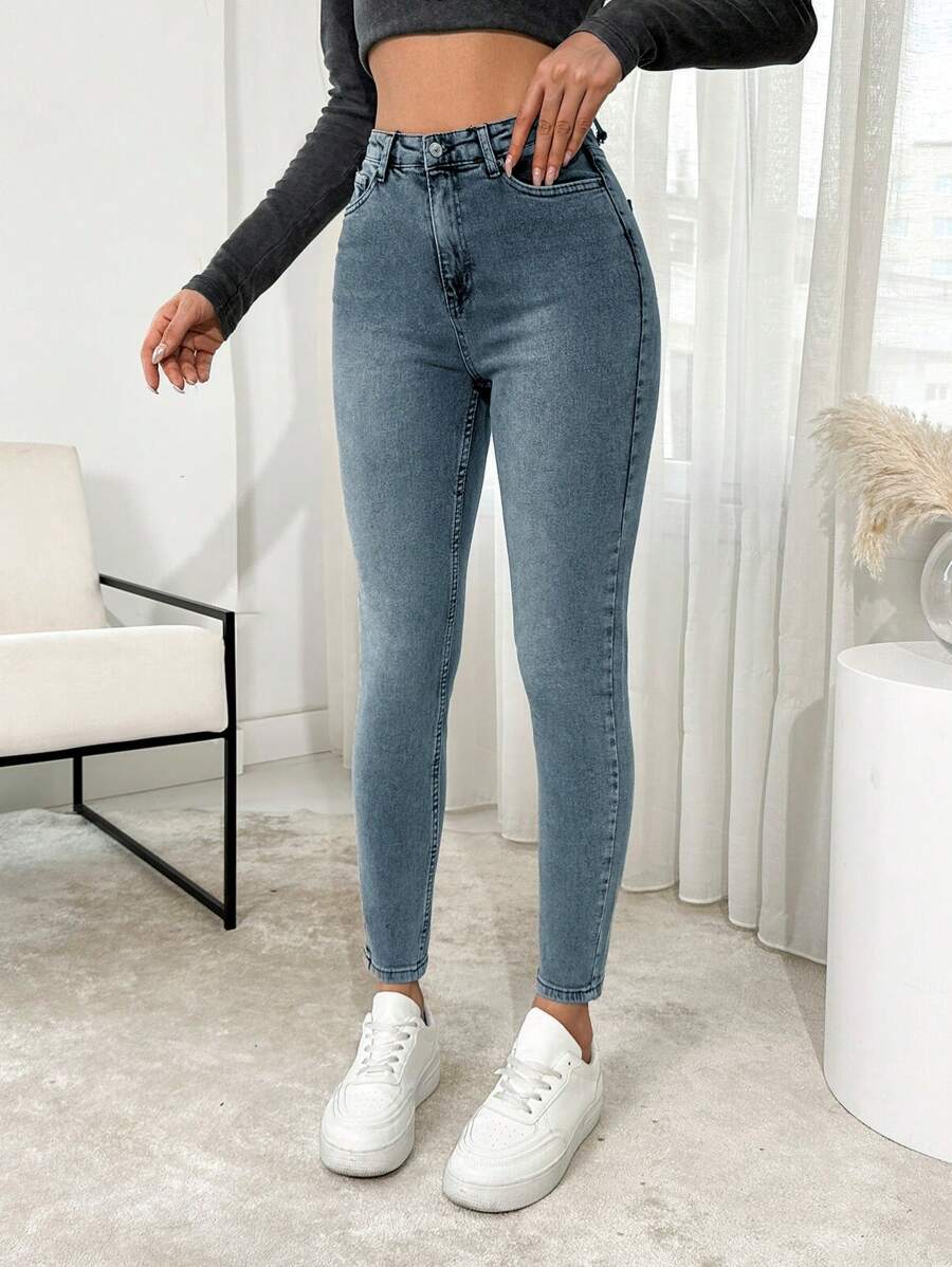 RueChic High Waist Slant Pocket Snow Wash Skinny Jeans - Light Wash - View 1