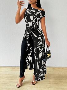 Zolique 不对称几何印花不对称领口单短袖高腰系带前不对称高低开叉长款女式衬衫单肩上衣