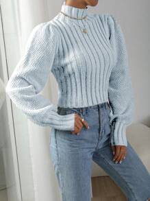 Chiquease Áo len cổ cao tay phồng đơn giản, áo len chui đầu mặc hàng ngày thoải mái mùa thu đông. - Màu xanh nhạt - Xem 6