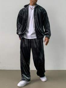 DAZY Men's Solid Color Zip-Up Sweatshirt And Sweatpants Loose Fit Two-Piece Set, Autumn - Grey - View 3