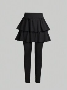 Tween Girls Black Tiered Ruffle Hem  Princess Style Casual Long Leggings,Summer,Travel Summer Holiday