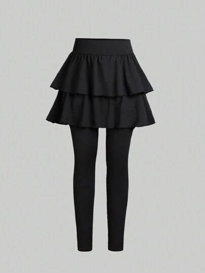 Sparklyn 青少年女孩黑色分层荷叶边下摆公主风格休闲长款紧身裤