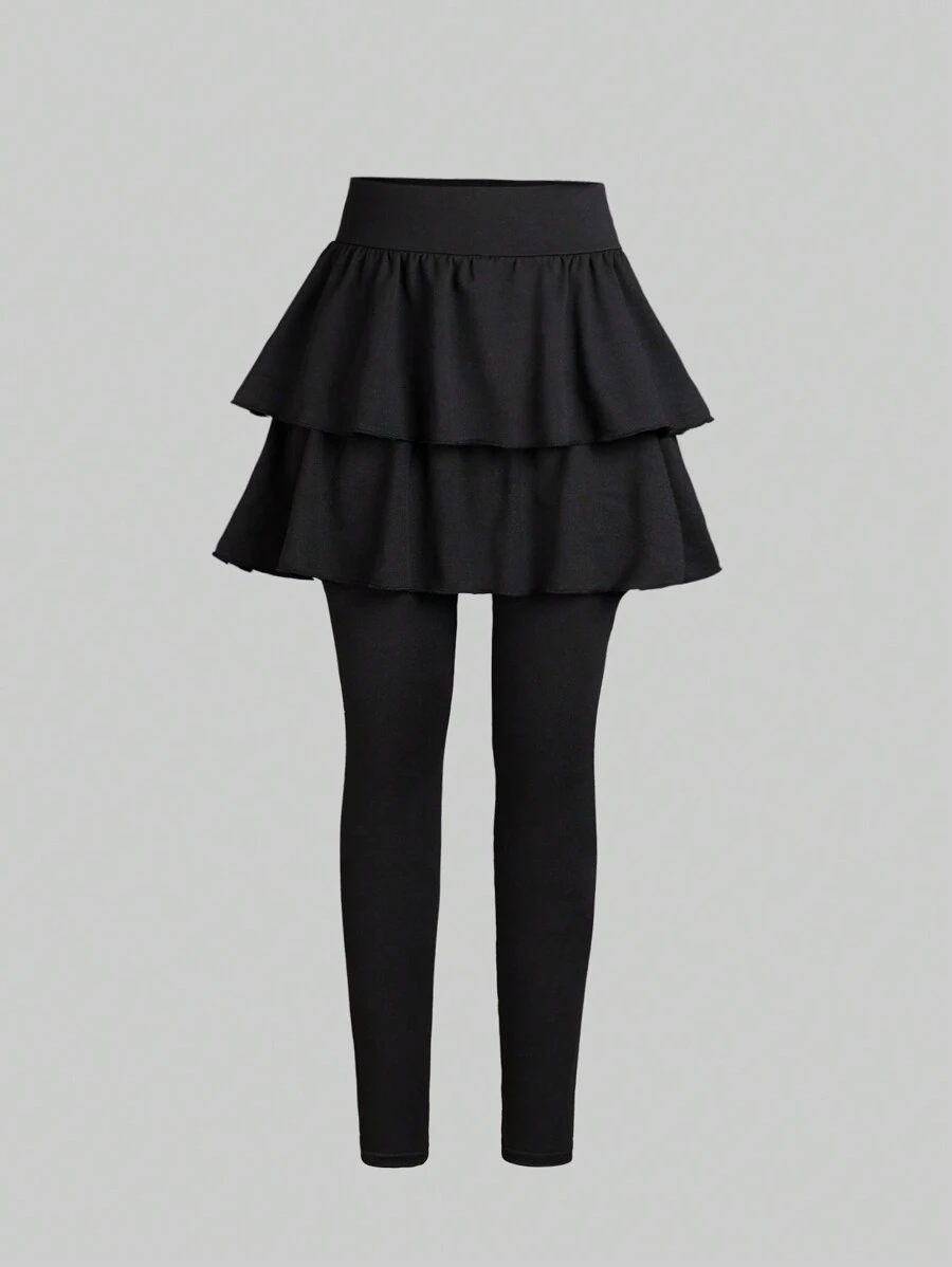 Tween Girls Black Tiered Ruffle Hem  Princess Style Casual Long Leggings,Summer,Travel Summer Holiday