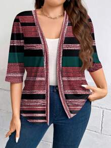 SHEIN LUNE Plus Size Casual Contrast Striped Jacket, Autumn - Brown - View 3