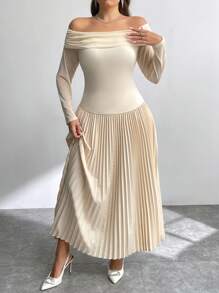 SHEIN Privé Plus Size Elegant Beige Autumn Wedding Guest Commuter Office High-End Date Party Long Sleeve Shoulder Cut Mesh Patchwork A-Line Dress - Apricot - View 1