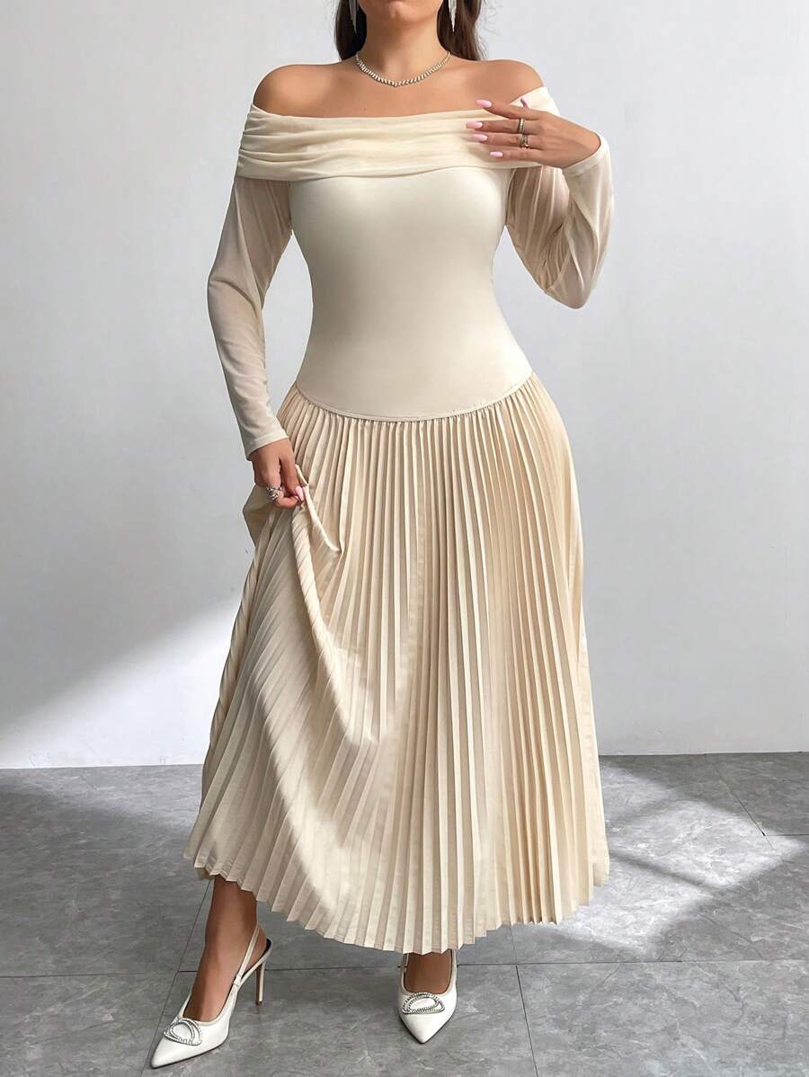 SHEIN Privé Plus Size Elegant Beige Autumn Wedding Guest Commuter Office High-End Date Party Long Sleeve Shoulder Cut Mesh Patchwork A-Line Dress - Apricot - View 1