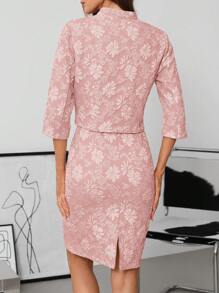 SHEIN Clasi 2 件套女士花卉提花 3/4 袖夹克和圆领无袖连衣裙优雅套装