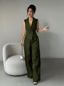 Siren Gaze 两件套秋季服装 2 件套女士纯色无袖上衣和裤子秋季衣服 - 軍綠色 - 查看 6