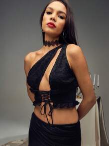 SHEIN Unity 黑色蕾丝短款单肩系腰衬衫 - 黑色 - 查看 1