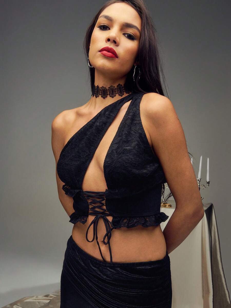 SHEIN Unity 黑色蕾丝短款单肩系腰衬衫 - 黑色 - 查看 1