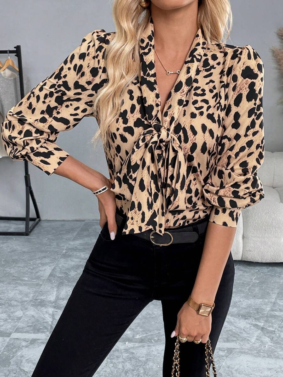 Chiquease 女式休闲豹纹长袖系带衬衫，秋季 - 彩色 - 查看 1