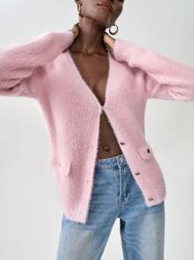 SHEIN Unity Cardigan de manga larga de cuello en V sencillo - Rosa Pálido - Ver 1