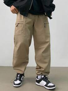 DAZY Pantalones rectos casuales sueltos con diseño de cremallera de unicolor para hombre, otoño