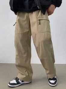 DAZY Pantalones rectos casuales sueltos con diseño de cremallera de unicolor para hombre, otoño