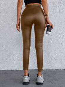 SHEIN Cottnline 女式纯色高腰紧身打底裤 - 咖啡棕 - 查看 2