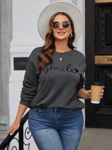 SHEIN LUNE Plus Letter & Heart Embroidery Drop Shoulder Sweatshirt Graduation,Back To School Outfits,Graduation,Teacher Outfits For Women,Back To School Pullover Fall Outfit Winter Autumn
