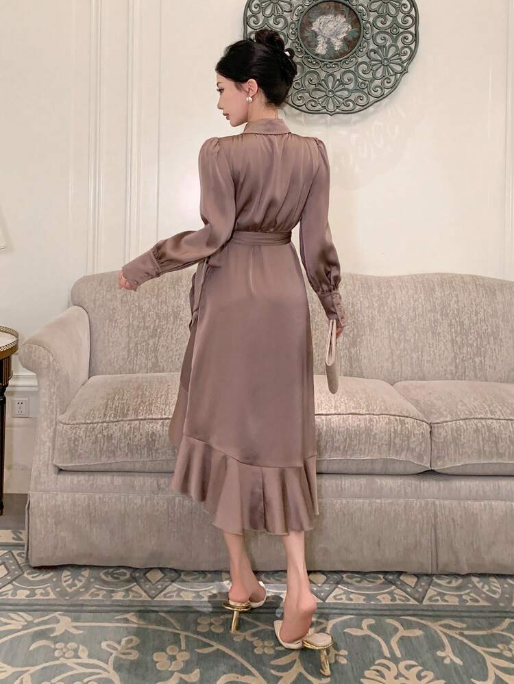 Solid Color Asymmetrical Ruffle Hem Dress For Women, Birthday Prom Dress,Fall Clothes Long Sleeve Dress Elegant Women Dresses