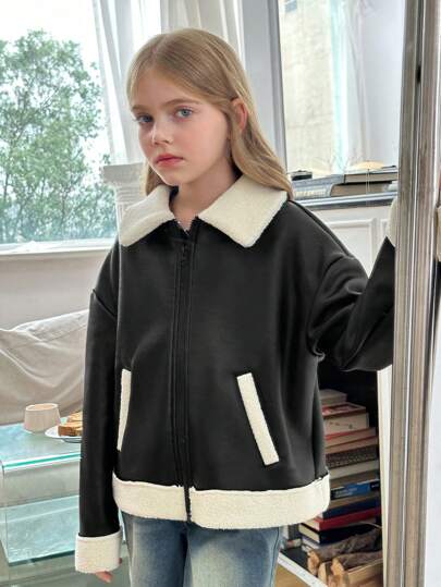 SHEIN Tween Girl Autumn/Winter Street Chic PU Composite Thermal Lined Contrast Color Collar Biker Jacket, Suitable For Autumn/Winter, Daily Wear