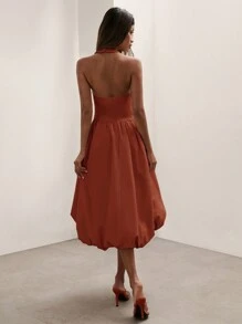 COSMINA Woman's Solid Color Neck Halter Pleated Casual Mid-Length Dress - Burgundy - View 2