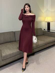 DAZY Valentine's Day Solid Color Off Shoulder Bow Knitted Mid-Length Sweater Dress For Women,Fall Clothes Fleece Lined Red Women Dresses Prom Dress