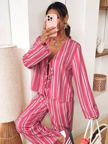 SHEIN VCAY Femmes Blouse à manches évasées avec col en V, imprimé rayures dégradées et nœud devant, Costumes d'Halloween pour adultes, Thanksgiving, Automne, Blouses femmes à manches longues - Rose bonbon - Voir 5
