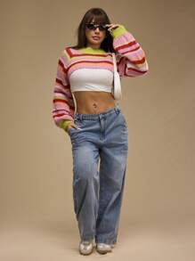 Forever 21 Damen Große Größen bunte gestreifte kurze Rundhals Pullover - Verschiedenfarbig - Übersicht 6