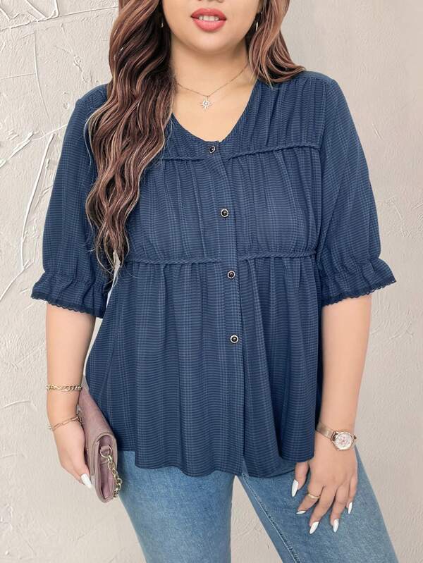 大码女式 V 领短袖休闲纽扣格子衬衫荷叶边上衣