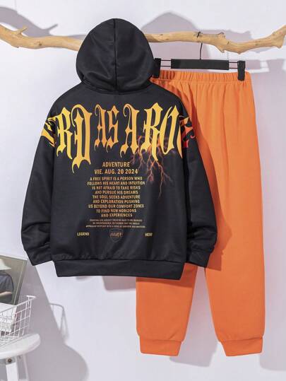 2 件 Tween Boy 橙色字母印花连帽衫和橙色跑步裤套装，适合通勤、上学、休闲、运动，适合秋冬季