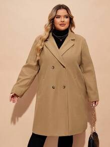 SHEIN CURVE+ Curve Plus Lapel Neck Double Breasted Overcoat, For Winter Fall Autumn