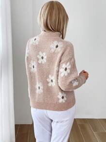 SHEIN LUNE Women's Floral Jacquard V-Neck Long Sleeve Sweater - Multicolor - View 4