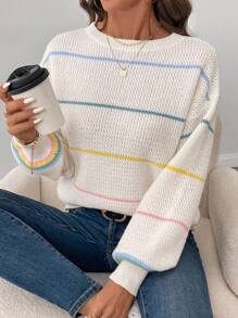 SHEIN LUNE Áo len sọc ngang cổ tròn tương phản bó sát LUNE dành cho nữ dành cho mùa thu đông - trắng - Xem 5