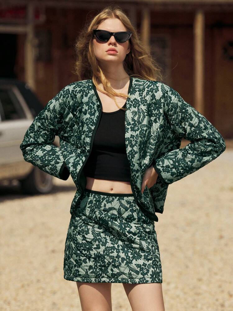 SHEIN Maija Women's Autumn Western Style Padded Floral Print Skirt