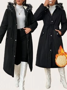 SHEIN LUNE 带衬垫连帽蓬松衬里派克大衣 黑色外套，长款女式外套 - 黑色 - 查看 2